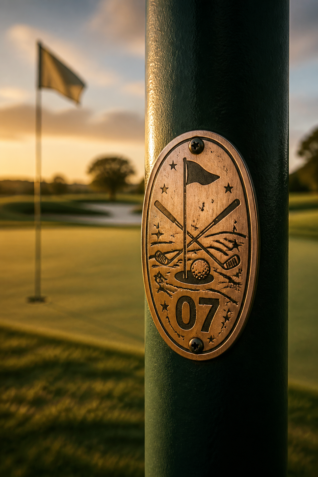 Engraved golf medallion mounted to a flagstick beside the cup