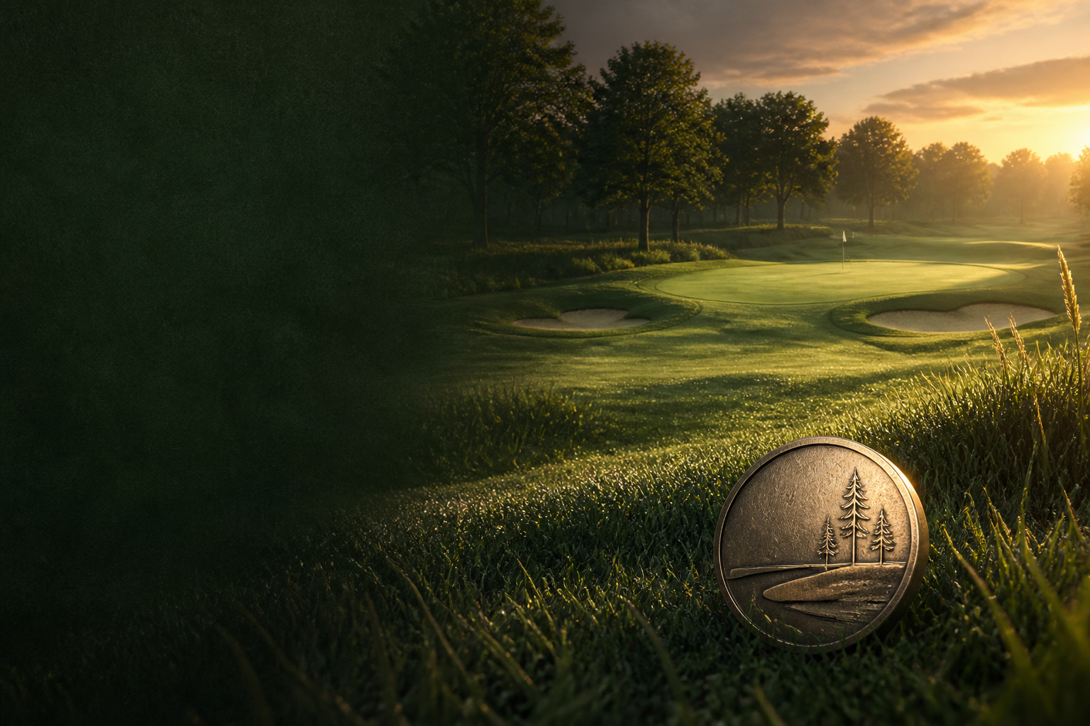 Golden-hour golf fairway with a brushed metal course emblem